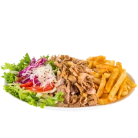 Alle schotels worden geserveerd met friet of rijst, 2x pitabroodjes, sla, ui, tomaat en komkommer.